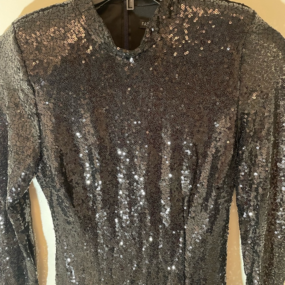 Fashion Nova Mock Neck Black Sequin Mini Dress Large fully lined stretchy